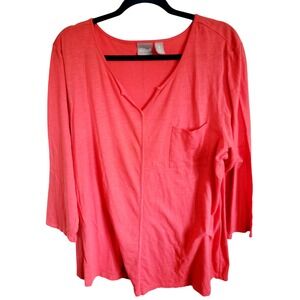 Chico's‎ 3 Orange Cotton Blend V-Neck Short Sleeve T-Shirt XL Chest Pckt